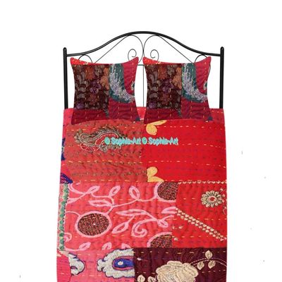 Handmade Vintage Khambadiya Print Hand Jari Patchwork King/Twin Size Embroidery Kantha Quilt Home Decorative Kantha Bedspread Indian Blanket Coverlet Art