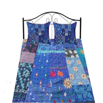 Handmade Vintage Khambadiya Print Hand Jari Patchwork King/Twin Size Embroidery Kantha Quilt Home Decorative Kantha Bedspread Indian Blanket Coverlet Art