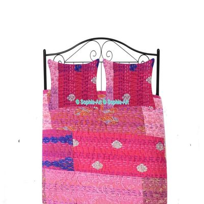 Handmade Vintage Khambadiya Print Hand Jari Patchwork King/Twin Size Embroidery Kantha Quilt Home Decorative Kantha Bedspread Indian Blanket Coverlet Art