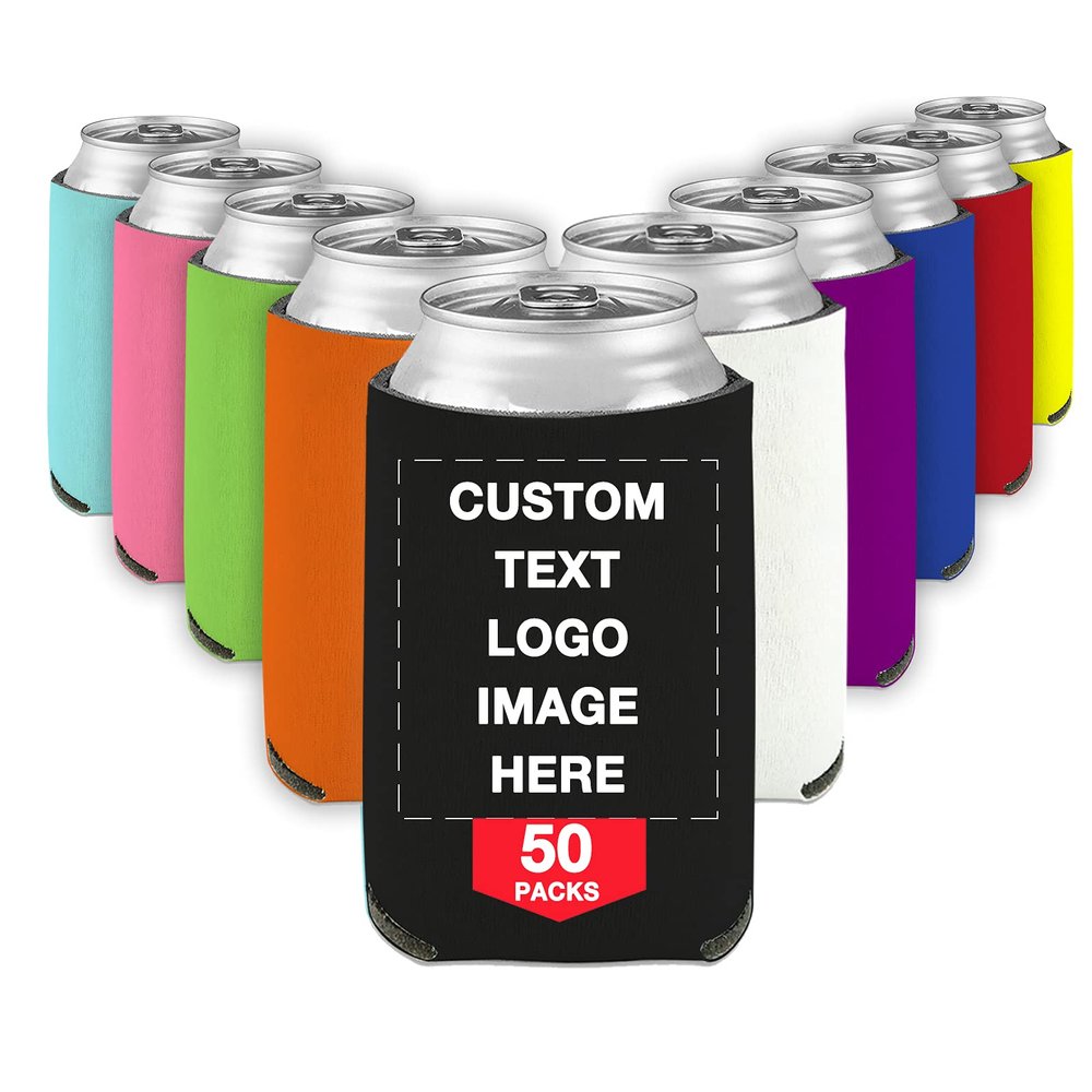 50 PCS Custom Beer Can Cooler Sleeves Bulk Personalized Insulated Beverage Bottle Holder with Logo Image Text for Wedding Birthday Party