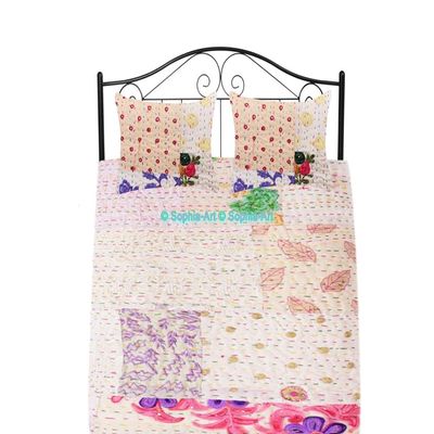 Handmade Vintage Khambadiya Print Hand Jari Patchwork King/Twin Size Embroidery Kantha Quilt Home Decorative Kantha Bedspread Indian Blanket Coverlet Art (Off-White)