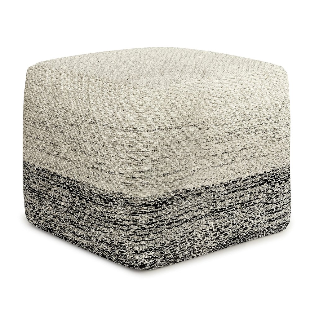 SIMPLIHOME Macie Square Pouf - 18 inch Wide Handcrafted PET Polyester Ottoman in Grey and White, Boho Indoor/Outdoor Footstool or Extra Seating for Living Room with Polystyrene Bead Filling, Assembled