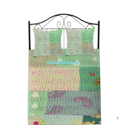 Handmade Vintage Khambadiya Print Hand Jari Patchwork King/Twin Size Embroidery Kantha Quilt Home Decorative Kantha Bedspread Indian Blanket Coverlet Art