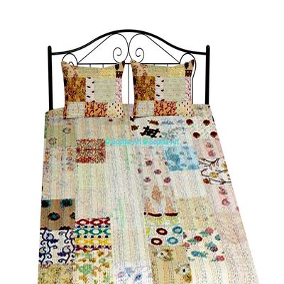 Handmade Vintage Khambadiya Print Hand Jari Patchwork King/Twin Size Embroidery Kantha Quilt Home Decorative Kantha Bedspread Indian Blanket Coverlet Art