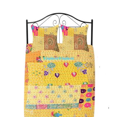 Handmade Vintage Khambadiya Print Hand Jari Patchwork King/Twin Size Embroidery Kantha Quilt Home Decorative Bedspread Indian Blanket Coverlet Art
