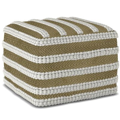 SIMPLIHOME Liam Boho Square Woven Outdoor/ Indoor Pouf in Natural and White Recycled PET Polyester for the Living Room, Bedroom and Kids Room