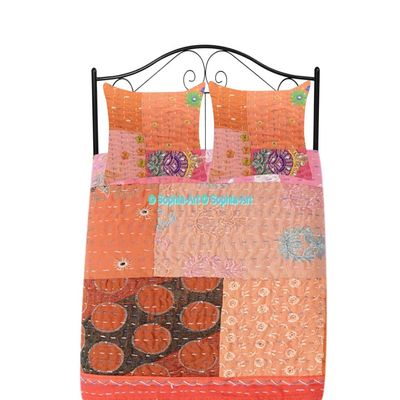 Handmade Vintage Khambadiya Print Hand Jari Patchwork King/Twin Size Embroidery Kantha Quilt Home Decorative Kantha Bedspread Indian Blanket Coverlet Art