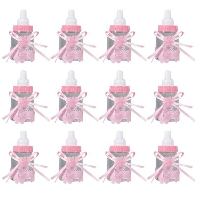 12pcs Feeding Bottle Party Favors, Baby Shower Party Favors Candy Box Milk Bottle with Lace Bowknots Fillable Chocolate Bottles Box for Girl Boy Gifts Decoration (Pink)
