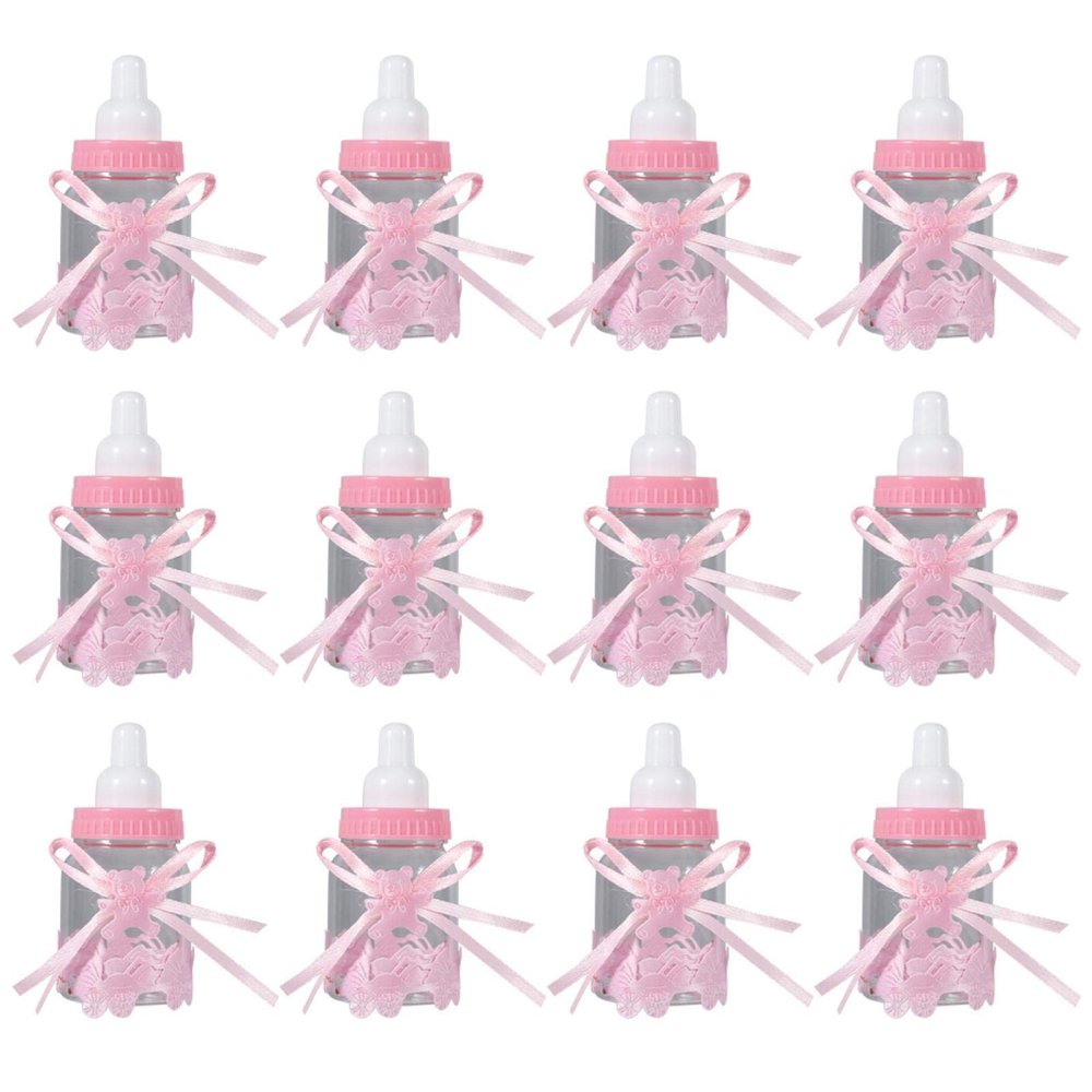 12pcs Feeding Bottle Party Favors, Baby Shower Party Favors Candy Box Milk Bottle with Lace Bowknots Fillable Chocolate Bottles Box for Girl Boy Gifts Decoration (Pink)
