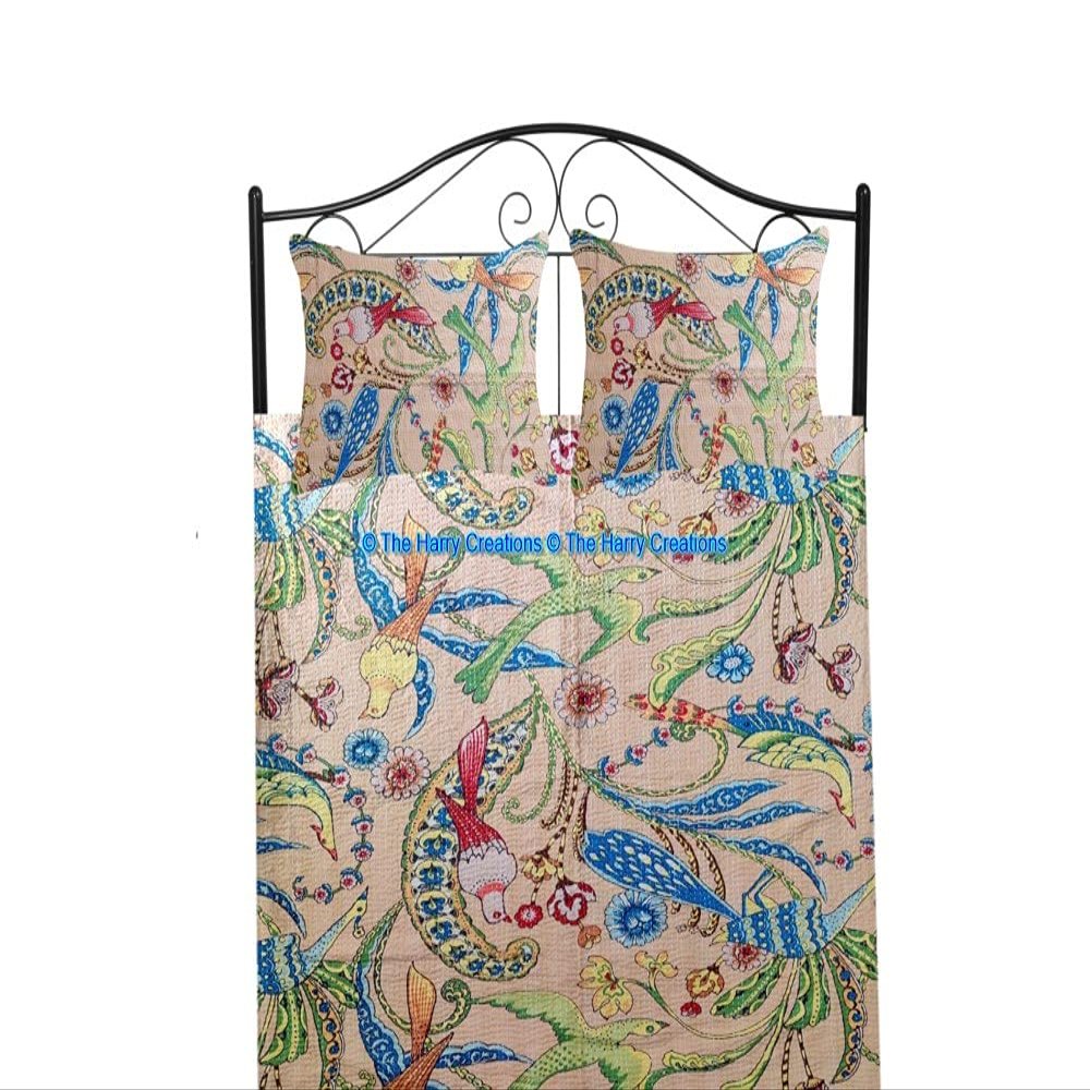 100% Cotton Ethnic Kantha Bird Bohemian Throw Bedspread Decor Peacock Printed Handmade Coverlet Blanket Quilt (Beige, Twin 60"x90" with Sham Covers)