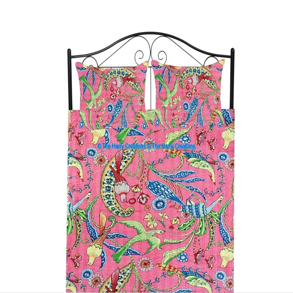 100% Cotton Ethnic Kantha Bird Bohemian Throw Bedspread Decor Peacock Printed Handmade Coverlet Blanket Quilt (Pink, Twin 60"x90" with Sham Covers)