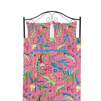 100% Cotton Ethnic Kantha Bird Bohemian Throw Bedspread Decor Peacock Printed Handmade Coverlet Blanket Quilt (Pink, King 90"x108" with Sham Covers)
