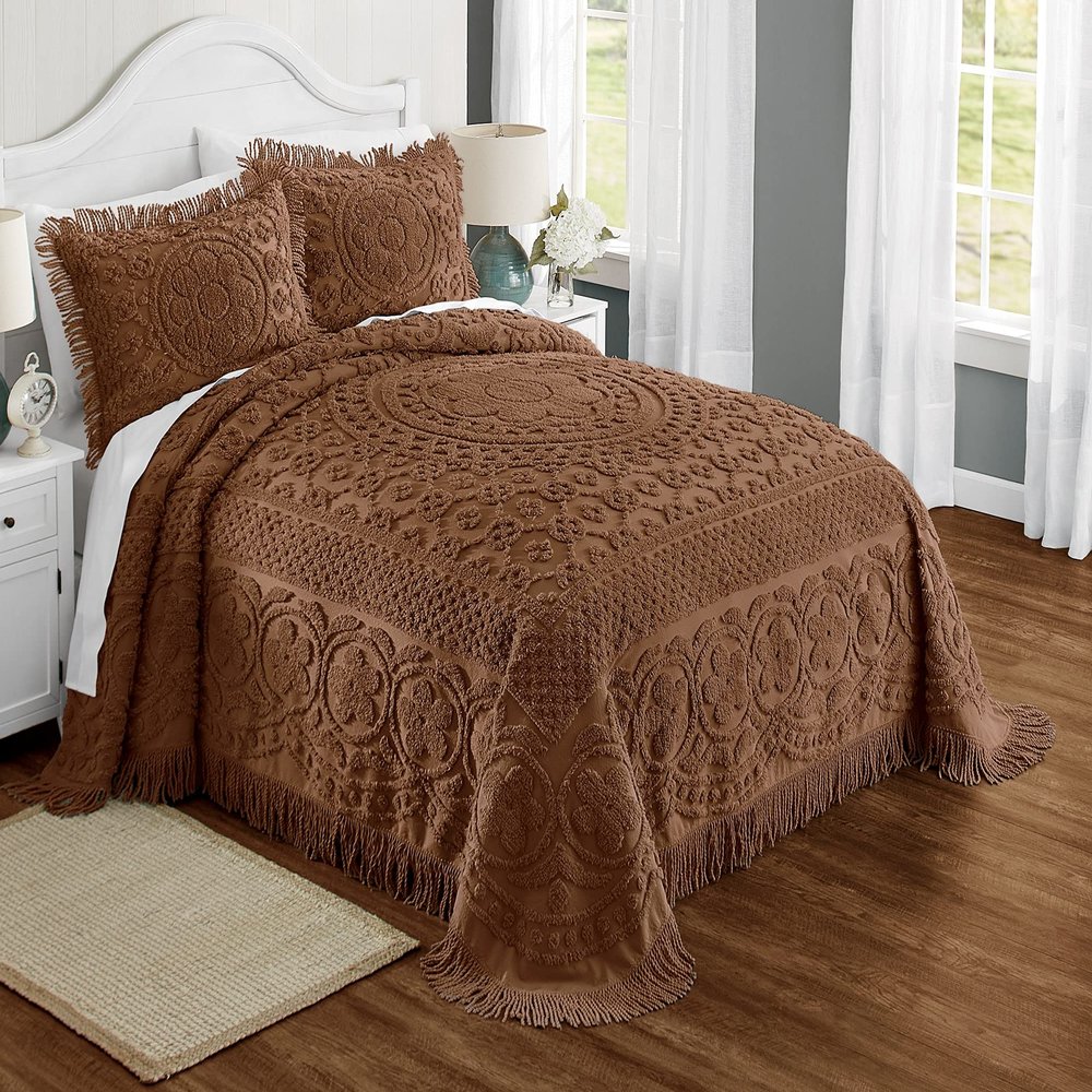 Montgomery Ward Emily Floral Chenille Bedspread, Soft Cotton Comforter, Full Size Quilt in Chocolate - Luxury Hotel Bedding, Full Bedspread (Chocolate, Full)