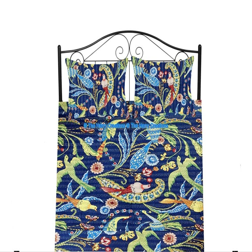 100% Cotton Ethnic Kantha Bird Bohemian Throw Bedspread Decor Peacock Printed Handmade Coverlet Blanket Quilt (Blue, Twin 60"x90" with Sham Covers)