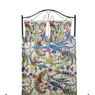 100% Cotton Ethnic Kantha Bird Bohemian Throw Bedspread Decor Peacock Printed Handmade Coverlet Blanket Quilt (White, King 90"x108" with Sham Covers)