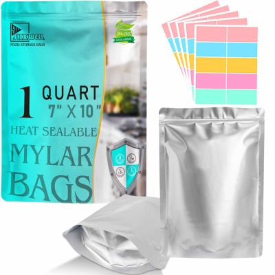 SHXWELL 50pcs 1 Quart Mylar Bags for Food Storage, 7"x10" 10 Mil Stand-Up Zipper Pouches Resealable and Heat Sealable for Long Term Food Storage(7"x10", Extra Thick)