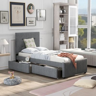 Actual Twin Size Linen Upholstered Platform Bed, Linen Upholstered Bed Frame with Headboard/Trundle/2 Drawers, No Box Spring Needed LF (Twin)