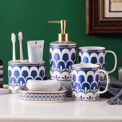 Bathroom Accessories Set, 5 Pcs Ceramic Bath Accessory Completes with Toothbrush Holder, Bath Tumbler, Soap Dispenser, Soap Tray Great for Modern Bath Sink and Bath Tub Decor (Blue Gold Stripes)