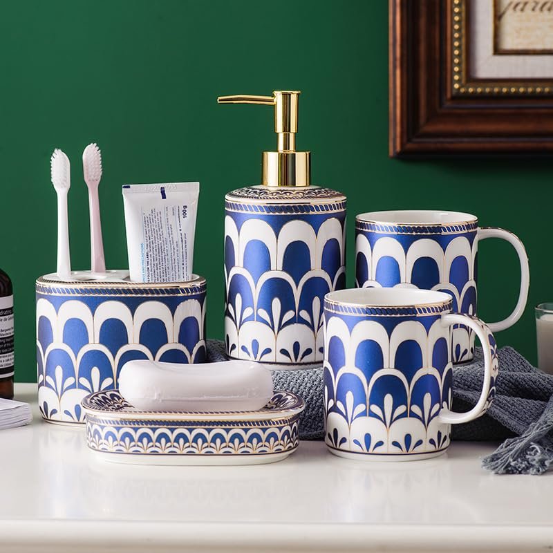 Bathroom Accessories Set, 5 Pcs Ceramic Bath Accessory Completes with Toothbrush Holder, Bath Tumbler, Soap Dispenser, Soap Tray Great for Modern Bath Sink and Bath Tub Decor (Blue Gold Stripes)