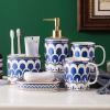 Bathroom Accessories Set, 5 Pcs Ceramic Bath Accessory Completes with Toothbrush Holder, Bath Tumbler, Soap Dispenser, Soap Tray Great for Modern Bath Sink and Bath Tub Decor (Blue Gold Stripes) view 1
