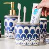 Bathroom Accessories Set, 5 Pcs Ceramic Bath Accessory Completes with Toothbrush Holder, Bath Tumbler, Soap Dispenser, Soap Tray Great for Modern Bath Sink and Bath Tub Decor (Blue Gold Stripes) view 2