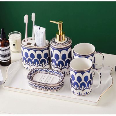 Bathroom Accessories Set, 6 Piece Ceramic Bath Accessory Completes with Toothbrush Holder, Bath Tumbler, Soap Dispenser, Soap Dish, Tray Great for Modern Bath Sink Tub Decor (Blue Geometric Flowers)