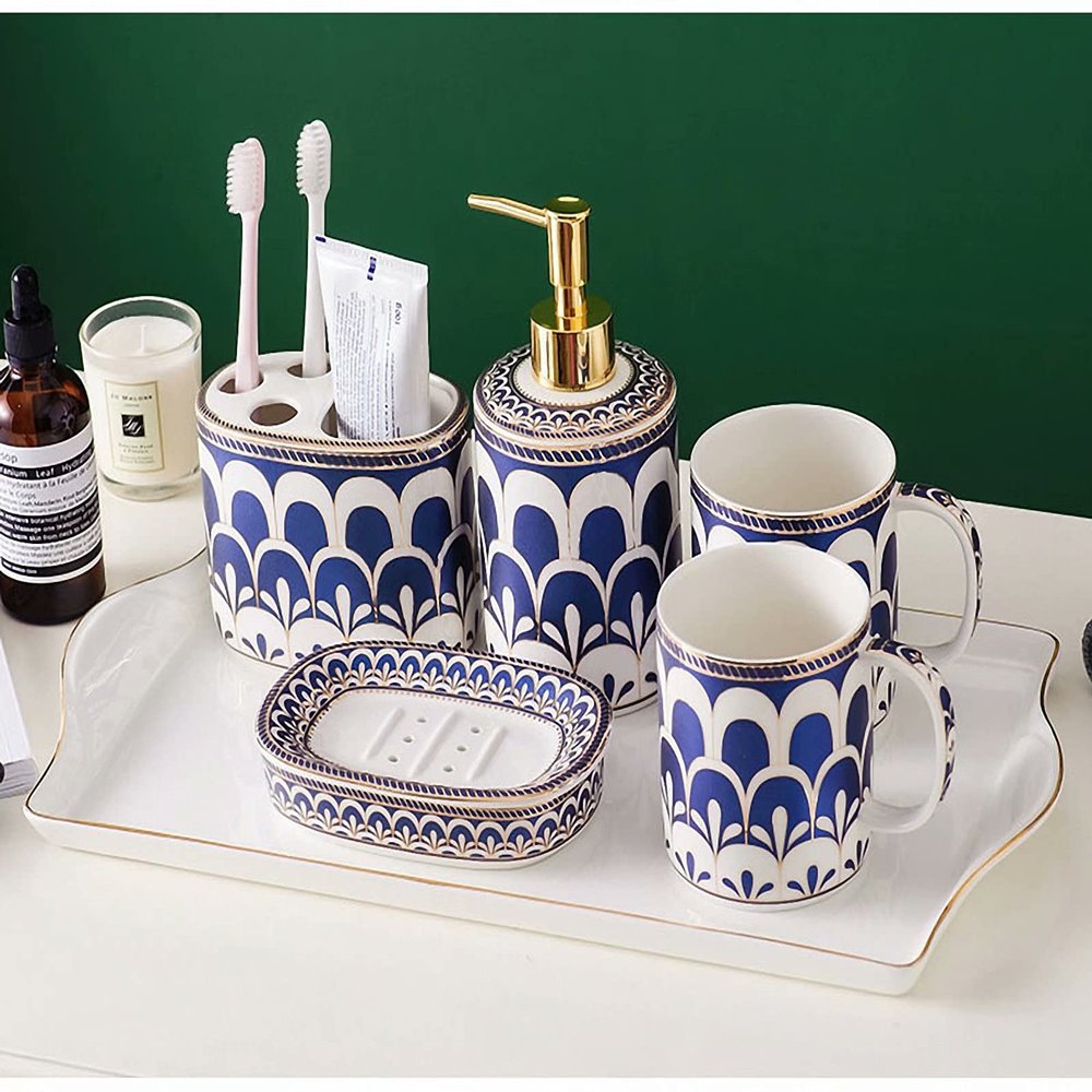 Bathroom Accessories Set, 6 Piece Ceramic Bath Accessory Completes with Toothbrush Holder, Bath Tumbler, Soap Dispenser, Soap Dish, Tray Great for Modern Bath Sink Tub Decor (Blue Geometric Flowers)