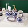 Bathroom Accessories Set, 6 Piece Ceramic Bath Accessory Completes with Toothbrush Holder, Bath Tumbler, Soap Dispenser, Soap Dish, Tray Great for Modern Bath Sink Tub Decor (Blue Geometric Flowers) view 1
