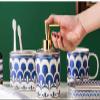 Bathroom Accessories Set, 6 Piece Ceramic Bath Accessory Completes with Toothbrush Holder, Bath Tumbler, Soap Dispenser, Soap Dish, Tray Great for Modern Bath Sink Tub Decor (Blue Geometric Flowers) view 3