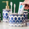 Bathroom Accessories Set, 6 Piece Ceramic Bath Accessory Completes with Toothbrush Holder, Bath Tumbler, Soap Dispenser, Soap Dish, Tray Great for Modern Bath Sink Tub Decor (Blue Geometric Flowers) view 4