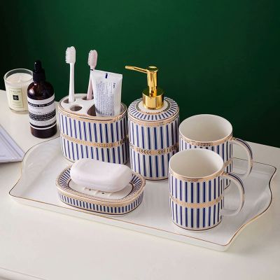 JruF Bathroom Accessories Set, 6 Piece Ceramic Bath Accessory Completes with Soap Dispenser, Toothbrush Holder, Tumbler, Soap Dish, Tray Great for Modern Bath Sink Tub Decor (Blue Gold Stripes)