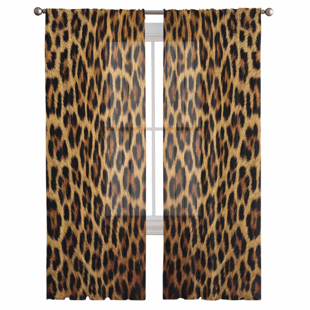 TocaHome 2 Piece Semi Sheer Window Curtains Leopard Print Skin Pattern of a Wild Safari Animal Rod Pocket Curtain Panels for Bedroom/Living Room/Kitchen 52 Wide by 63 Long Inch