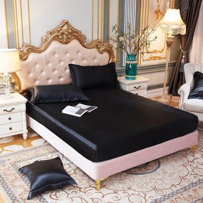 CFYCYHDZHT Bed Sheet Set Satin Solid Color Deep Pocket Fitted Sheet, Bedroom Hotel Homestay Single Double King Size Mattress Protector Black 137cm191cm+25cm