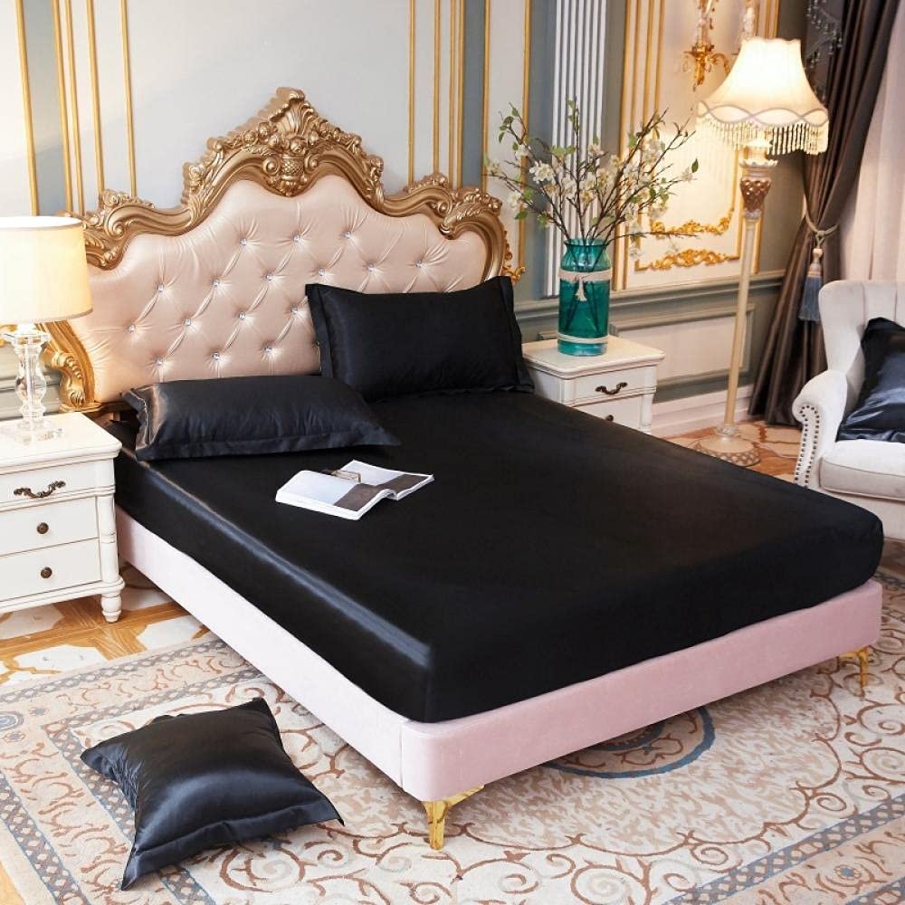 CFYCYHDZHT Bed Sheet Set Satin Solid Color Deep Pocket Fitted Sheet, Bedroom Hotel Homestay Single Double King Size Mattress Protector Black 137cm191cm+25cm