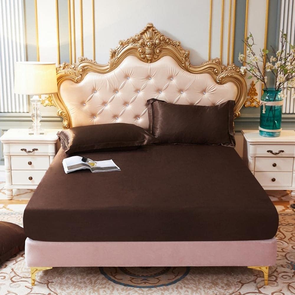 CFYCYHDZHT Comfy Sheets Satin Solid Color Deep Pocket Fitted Sheet, Bedroom Hotel Homestay Single Double King Size Mattress Protector Brown 137cm191cm+25cm