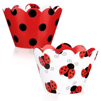 48 Ladybug Pattern Cupcake Wrappers - Reversible Dot Cake Wraps for Kids Birthday Party & Baby Shower
