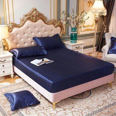 CFYCYHDZHT Bedding Best for Hotel Home Satin Solid Color Deep Pocket Fitted Sheet, Bedroom Hotel Homestay Single Double King Size Mattress Protector Navy Blue 99cm191cm+25cm