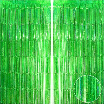 Green Metallic Foil Fringe Curtains - Tropical Jungle Safari Summer Hawaiian Birthday Baby Shower Wedding Anniversary Graduation Christmas Party Photo Booth Backdrop Decoration, 3.2 ft x 9.8 ft, 2pc