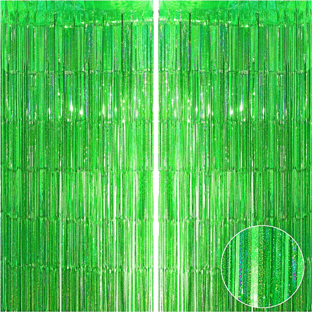 Green Metallic Foil Fringe Curtains - Tropical Jungle Safari Summer Hawaiian Birthday Baby Shower Wedding Anniversary Graduation Christmas Party Photo Booth Backdrop Decoration, 3.2 ft x 9.8 ft, 2pc