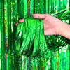 Green Metallic Foil Fringe Curtains - Tropical Jungle Safari Summer Hawaiian Birthday Baby Shower Wedding Anniversary Graduation Christmas Party Photo Booth Backdrop Decoration, 3.2 ft x 9.8 ft, 2pc view 3