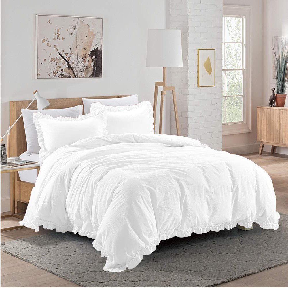 3 Piece White Edge Ruffle Frilled Duvet Cover Set (Duvet Cover + 2 Pillowcases) Queen 88'' x 88'' Button Closure Corner Ties