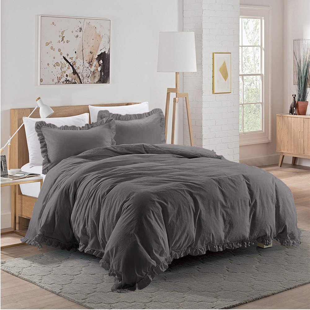 3 Piece Dark Gray Edge Ruffle Frilled Duvet Cover Set (Duvet Cover + 2 Pillowcases) California Queen 90'' x 90'' Button Closure Corner Ties