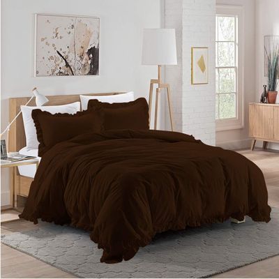 3 Piece Chocolate Brown Edge Ruffle Frilled Duvet Cover Set (Duvet Cover + 2 Pillowcases) Super King 98'' x 108'' Button Closure Corner Ties