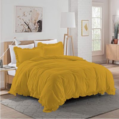 3 Piece Mustard Yellow Edge Ruffle Frilled Duvet Cover Set (Duvet Cover + 2 Pillowcases) California King 92'' x 104'' Button Closure Corner Ties