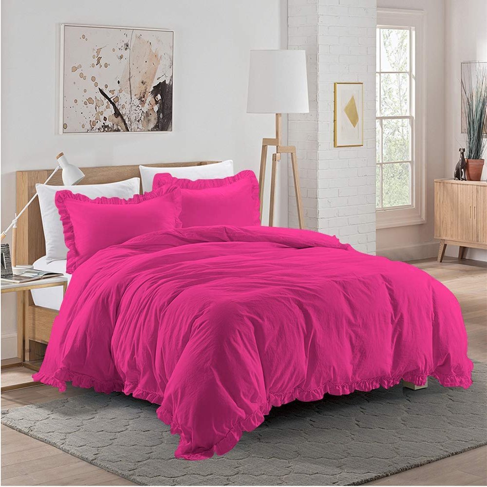 3 Piece Hot Pink Edge Ruffle Frilled Duvet Cover Set (Duvet Cover + 2 Pillowcases) King 90'' x 102'' Button Closure Corner Ties