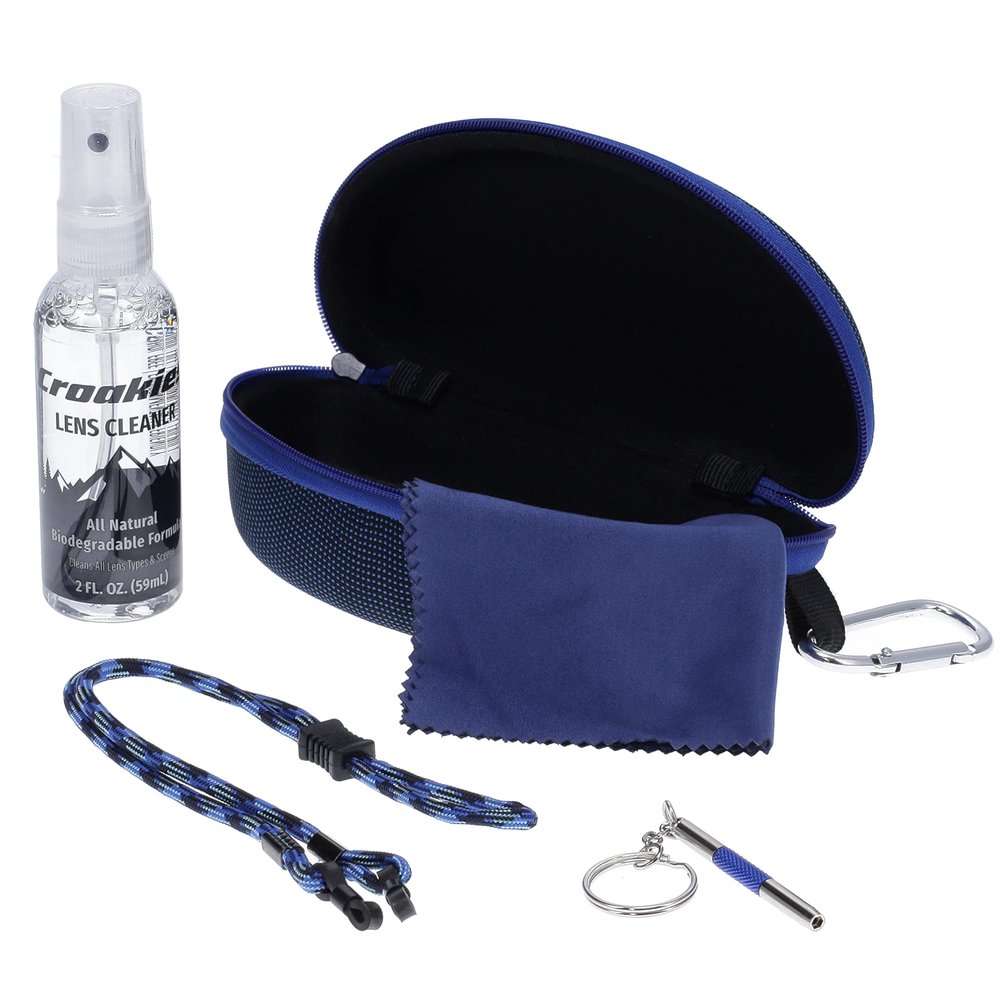 Croakies Eyewear Care Kit with 1(2oz) All Natural VOC Free Lens Cleaner + (1) Hard Case + (1) Microfiber Cloth + (1) Eyewear Retainer + (1) Repair Tool (Blue)