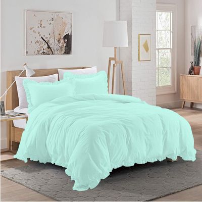 3 Piece Aqua Blue Edge Ruffle Frilled Duvet Cover Set (Duvet Cover + 2 Pillowcases) Queen 88'' x 88'' Button Closure Corner Ties