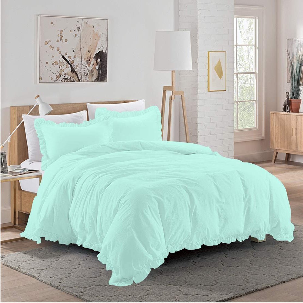 3 Piece Aqua Blue Edge Ruffle Frilled Duvet Cover Set (Duvet Cover + 2 Pillowcases) Queen 88'' x 88'' Button Closure Corner Ties
