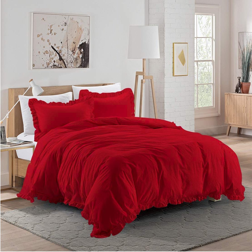 3 Piece Red Edge Ruffle Frilled Duvet Cover Set (Duvet Cover + 2 Pillowcases) Grand King 98'' x 116'' Button Closure Corner Ties
