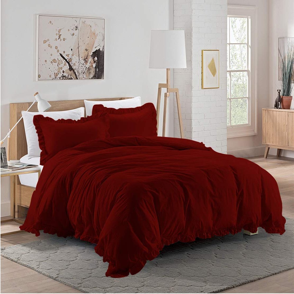 3 Piece Burgundy Edge Ruffle Frilled Duvet Cover Set (Duvet Cover + 2 Pillowcases) Super King 98'' x 108'' Button Closure Corner Ties